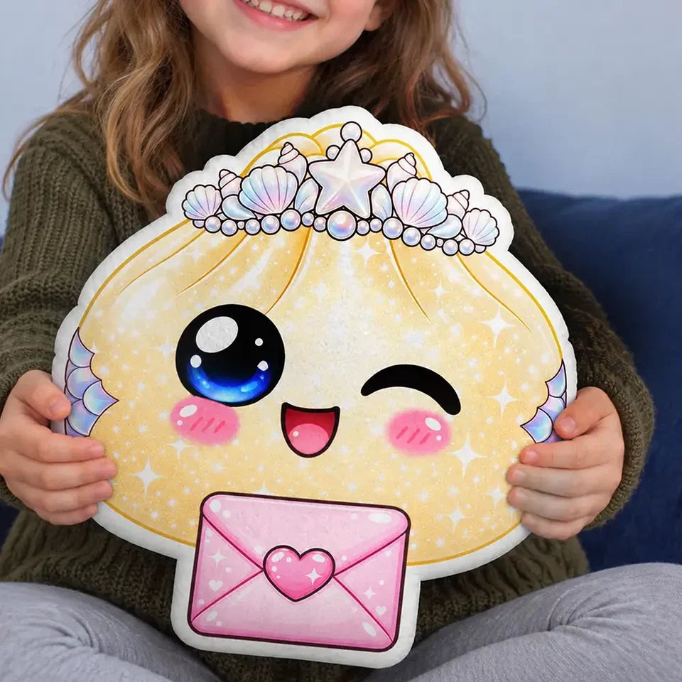 Personalized Shaped Pillow, Winking Dumpling with Seashell Crown Held by a Child, Unique Gift for a Daughter