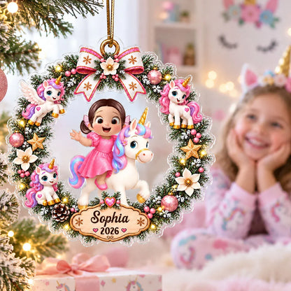Personalized Acrylic Ornament, Cartoon Child Riding a Unicorn in a Christmas Wreath, Unique Gift for Kids
