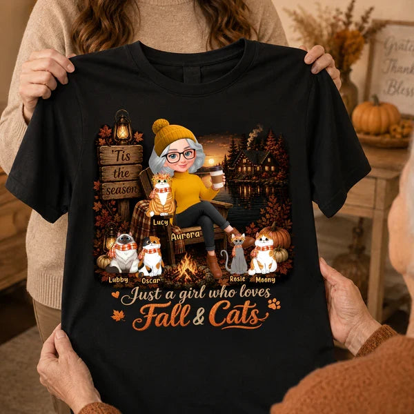Personalized Classic Tee, Woman With Cats in Cozy Fall Cabin Scene, Unique Gift for Cat Moms