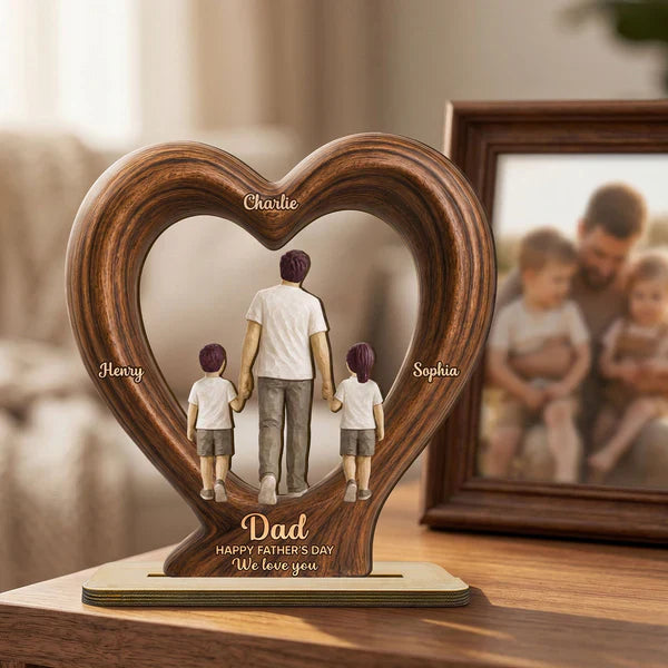 Heart Frame Wooden Plaque With Dad & Kids Holding Hands, Custom We Love You Creative Gift
