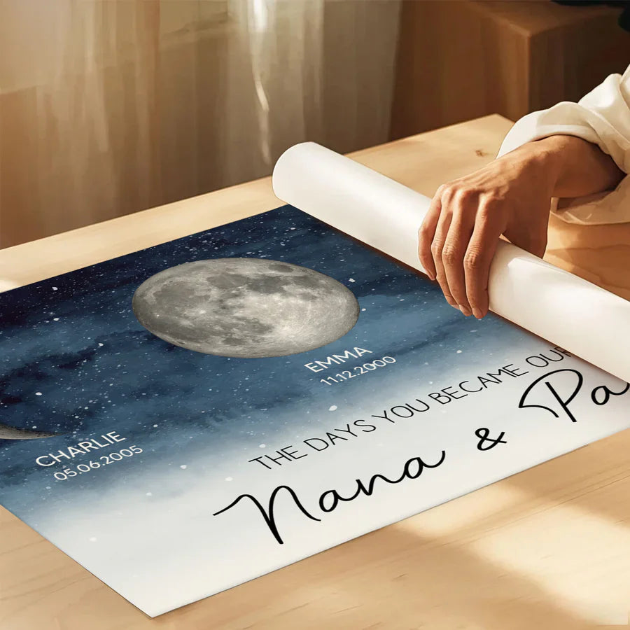 Personalized Moon Phase Poster, Custom Grandparents Wall Art, Unique Gift for Nana & Papa