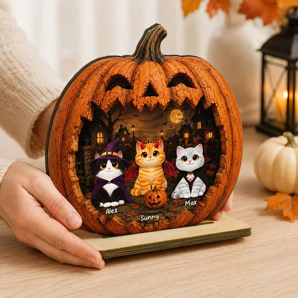 Custom 2-Layer Wooden Plaque, Moonlit Pumpkin Cat Keepsake, Unique Creative Gift for Pet Owners