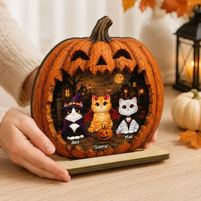 Custom 2-Layer Wooden Plaque, Moonlit Pumpkin Cat Keepsake, Unique Creative Gift for Pet Owners