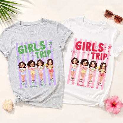 Classic Tee, Personalized Girls Trip Cartoon Friends with Drinks, Pink Stripe Vacation, Unique Creative Gift