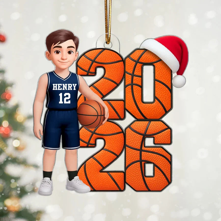 Custom Acrylic Ornament, Basketball Player by a Christmas Tree, Creative Keepsake Gift for Son or Daughter