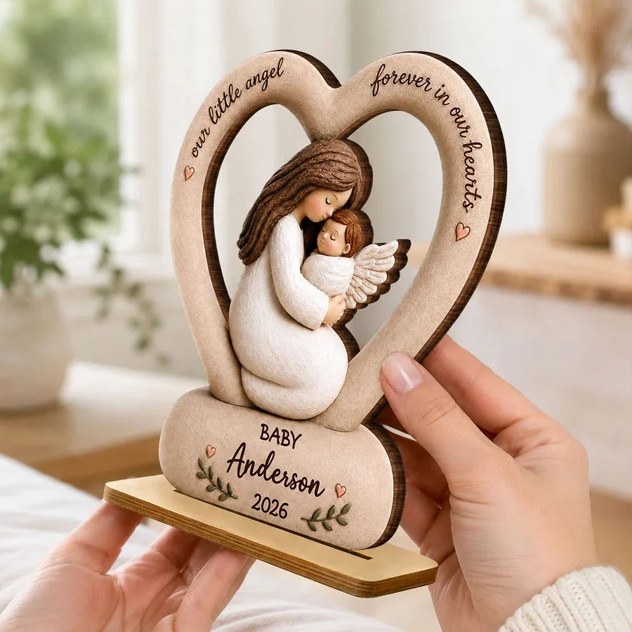 Our Little Angel Forever in Our Hearts Personalized 2-Layer Wooden Plaque, Mother Cradling Baby Angel, Creative Family Gift