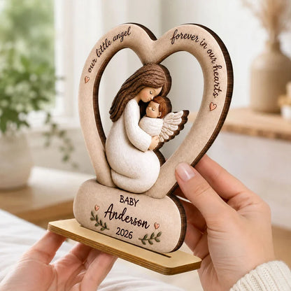 Our Little Angel Forever in Our Hearts Personalized 2-Layer Wooden Plaque, Mother Cradling Baby Angel, Creative Family Gift