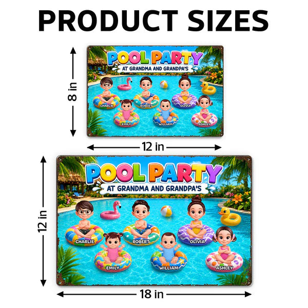 Personalized Rectangular Iron Sign, Pool Party With Cartoon Kids On Floats, Unique Gift For Grandparents
