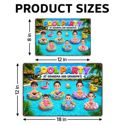 Personalized Rectangular Iron Sign, Pool Party With Cartoon Kids On Floats, Unique Gift For Grandparents