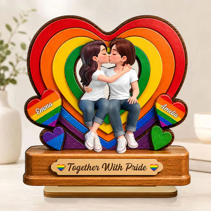 Personalized 2-Layer Wooden Plaque with Kissing LGBTQ Couple, Rainbow Heart, Unique Gift for Partner