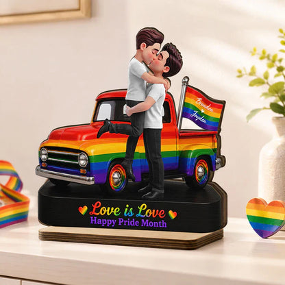 Personalized 2-Layer Wooden Plaque, LGBT Couple Rainbow Truck, Unique Gift for Couple, Pride Decor