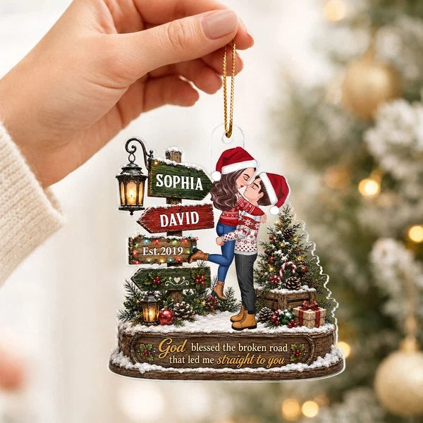 God Blessed the Broken Road Personalized Acrylic Ornament, Kissing Couple in Rustic Christmas Scene, Creative Couple Gift