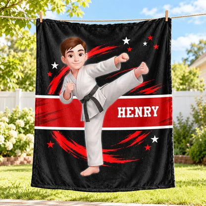 Personalized Fleece Blanket, Karate Kid High Kick in Red and Black, Unique Gift for Son or Daughter