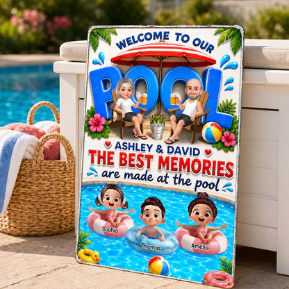 Personalized Rectangular Iron Sign, Cartoon Grandparents & Grandkids Pool Decor, Unique Gift