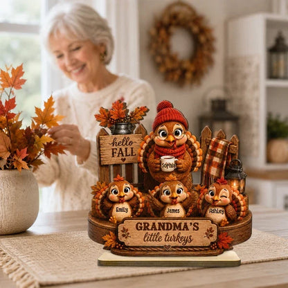 Personalized Wooden Plaque, Grandma Turkey Holding a Mug in a Hello Fall Scene, Unique Gift for Grandma