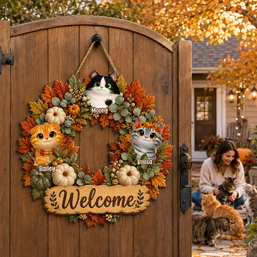 Welcome Home Personalized Wooden Sign, Cute Autumn Cat Wreath Decor, Creative Gift for Pet Owners