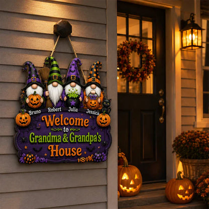 Personalized Wooden Sign With Halloween Gnomes & Pumpkins, Custom Door Decor, Unique Gift for Grandparents