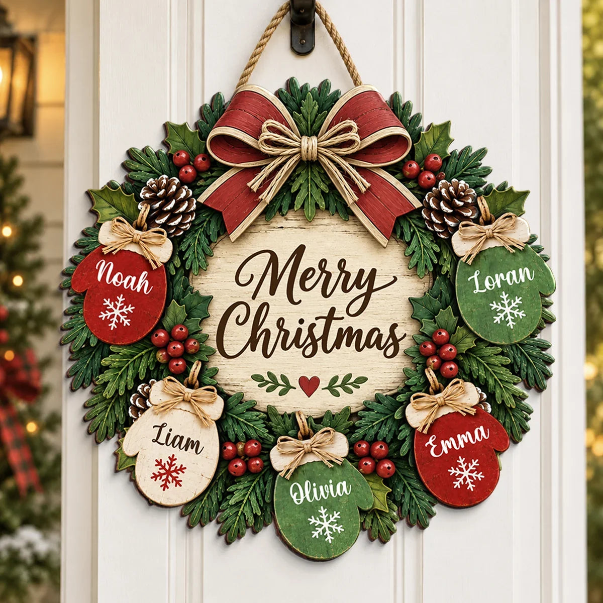 Personalized Christmas Door Sign with Mitten Wreath, Rustic Family Decor, Unique Gift for Grandparents