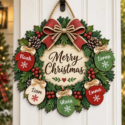 Personalized Christmas Door Sign with Mitten Wreath, Rustic Family Decor, Unique Gift for Grandparents