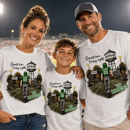 Personalized Classic Tee, Player Walking into a Green & Gold Friday Night Football Scene, Creative Gift for Mom