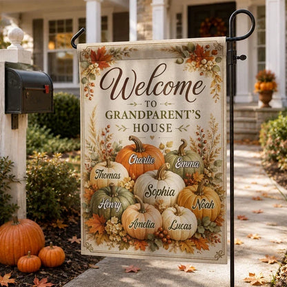 Personalized Garden Flag, Fall Pumpkin Yard Decor with Welcome to Grandparents' House, Unique Gift for Grandma & Grandpa