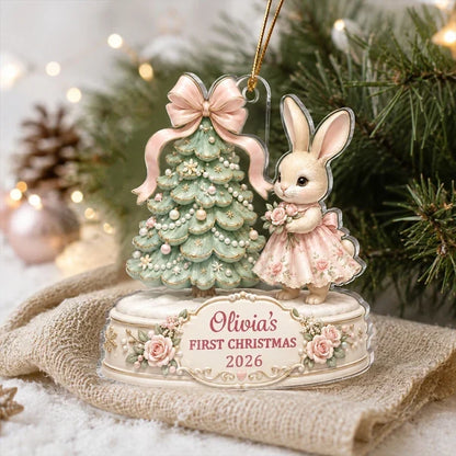 Personalized Acrylic Ornament, Bunny Holding a Teddy by a Christmas Tree, Unique Newborn Gift
