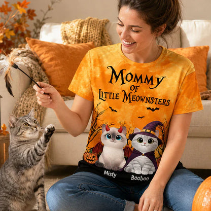 Personalized Printed Classic Tee for Cat Mom, Halloween Cats With Pumpkins & Bats, Unique Gift
