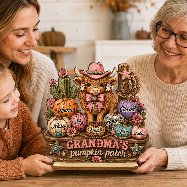 Personalized 2-Layer Wooden Plaque, Grandma's Pumpkin Patch, Western Highland Cow, Unique Creative Gift