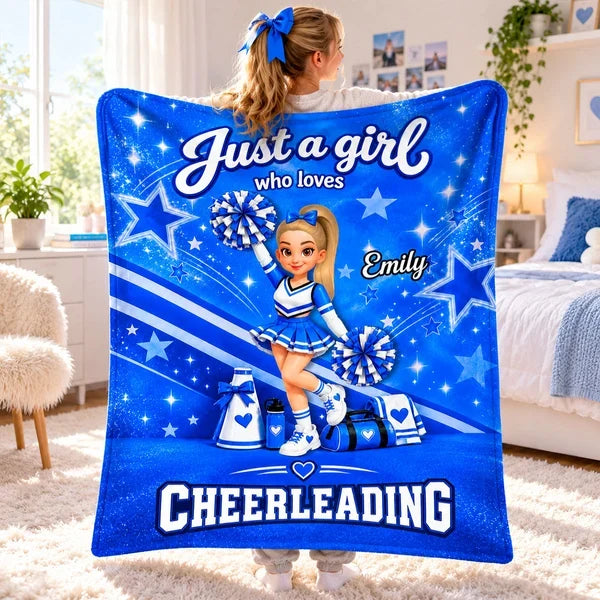 Personalized Fleece Blanket, Pink Cheerleader Raising Pom-Poms, Unique Gift for Daughter or Cheer Fan