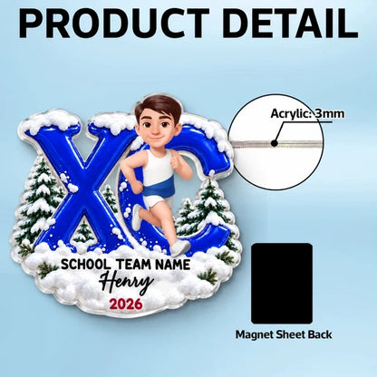 Personalized Acrylic Magnet, Running Girl in Snowy Pines, Unique Cross Country Gift for Runners