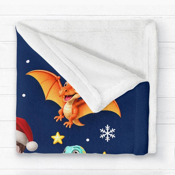 Personalized Dinosaur Fleece Blanket, Child Riding a Dinosaur in a Snowy Christmas Scene, Unique Gift for Kids