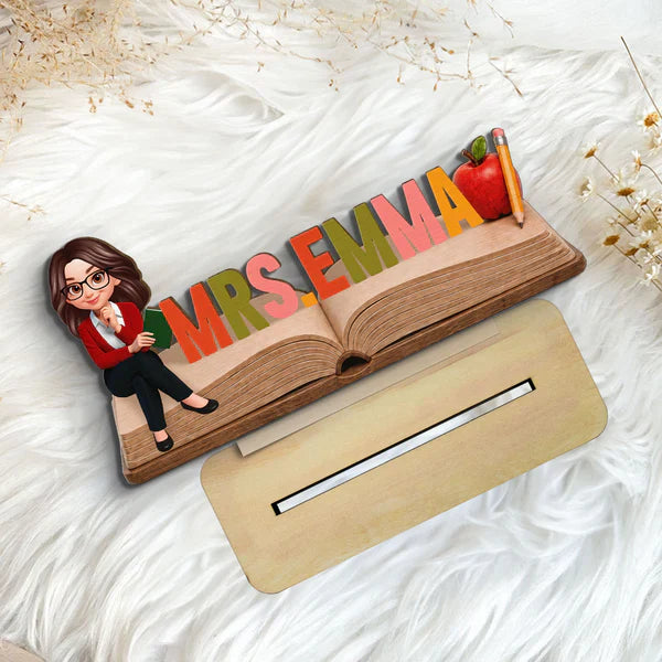 Personalized 2-Layer Wooden Plaque, Open Book Teacher Name Sign, Unique Classroom Desk Gift
