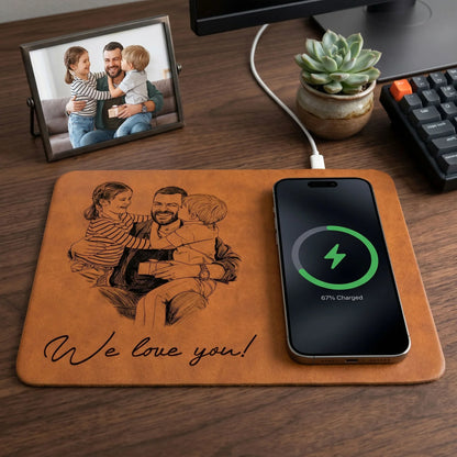 Personalized Lightning Leather Charging Mat, Hugging Dad & Kids Line Art Unique Gift For Dad