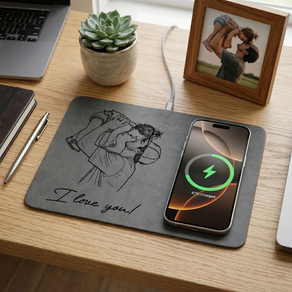 Personalized Lightning Leather Charging Mat, Hugging Dad & Kids Line Art Unique Gift For Dad