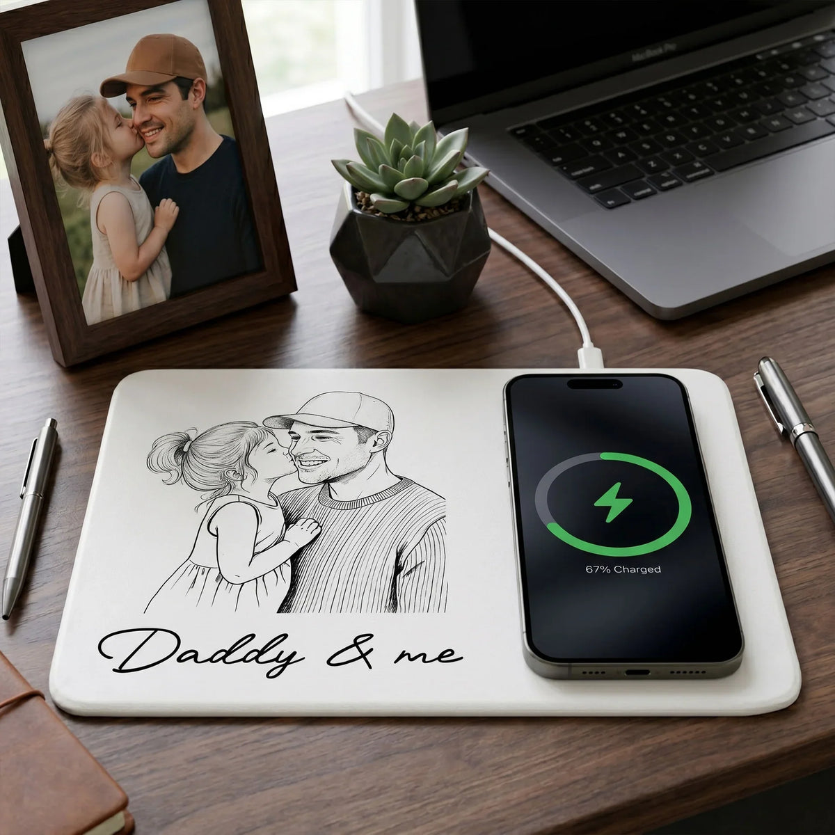 Personalized Lightning Leather Charging Mat, Hugging Dad & Kids Line Art Unique Gift For Dad