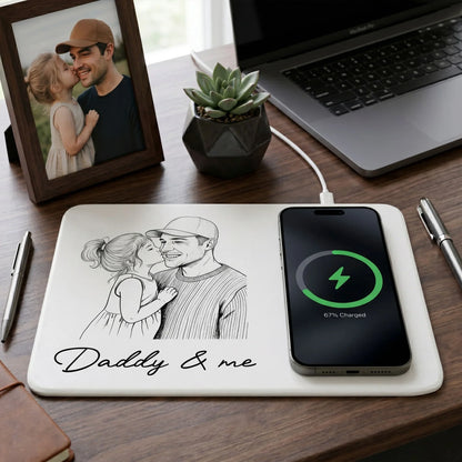 Personalized Lightning Leather Charging Mat, Hugging Dad & Kids Line Art Unique Gift For Dad