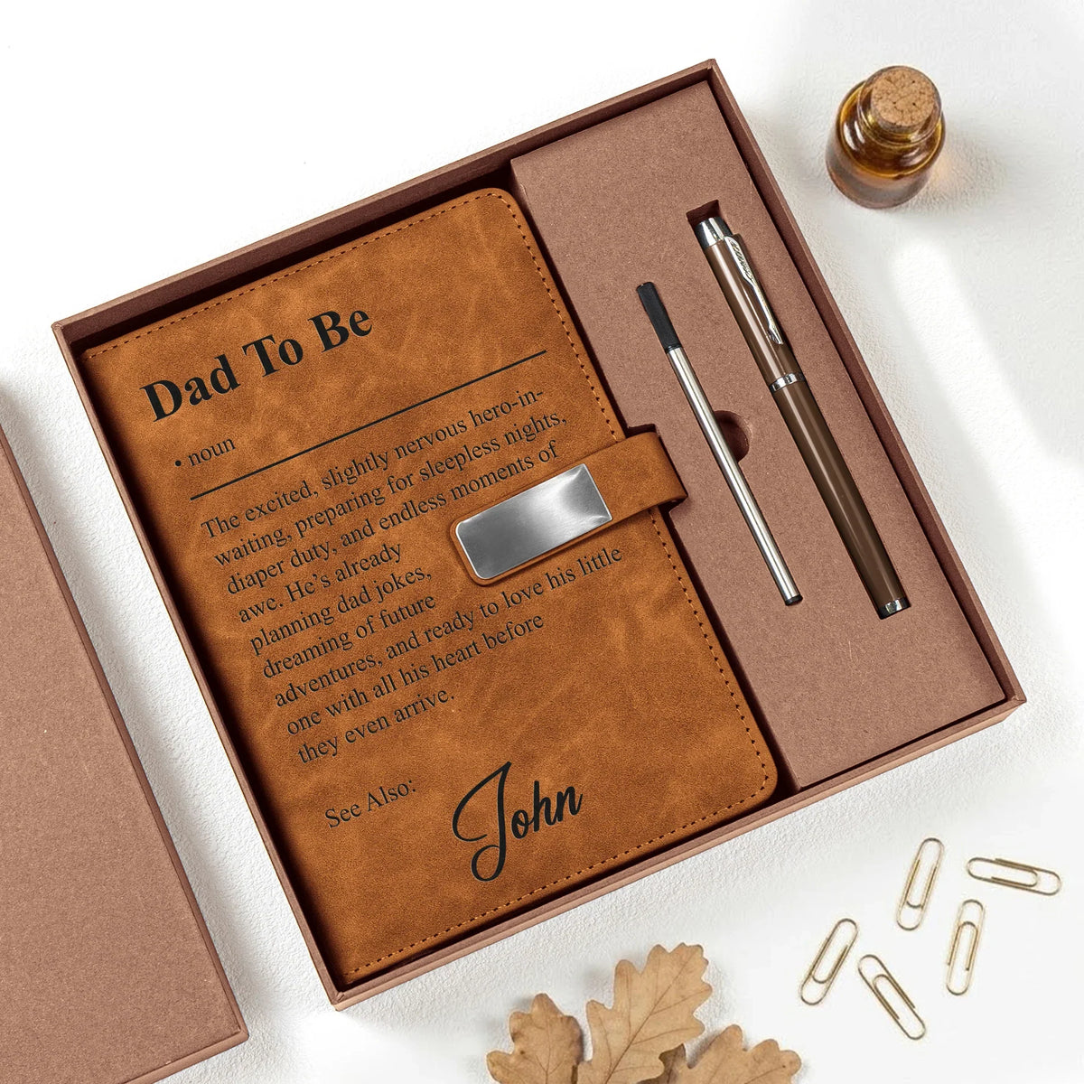 Personalized Metal Buckle Notebook Set for Dad To Be, Warm Brown Unique Gift for New Dad