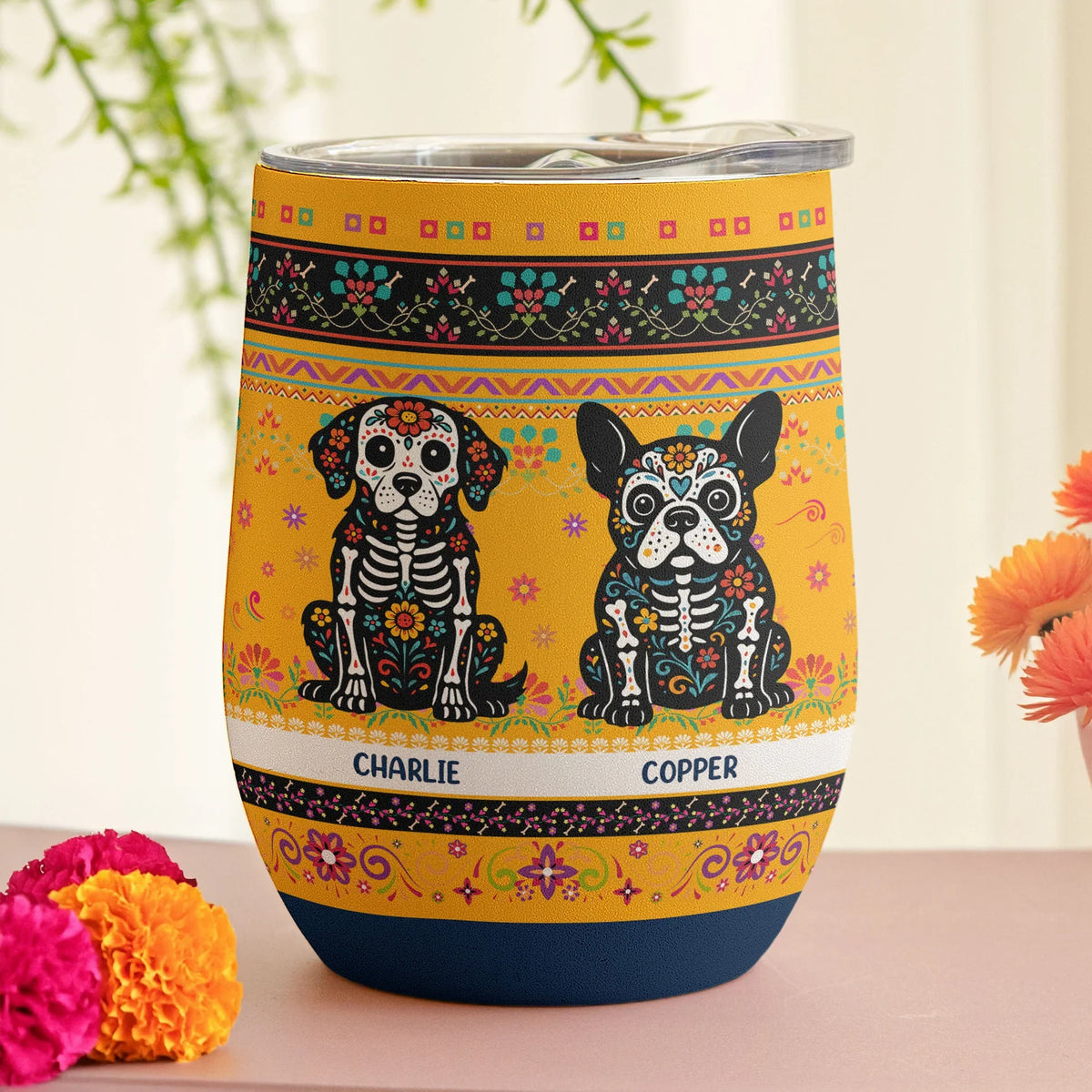 Personalized Eggshell Cup with Day of the Dead Dog Art, Mexican Floral Design, Unique Gift for Dog Lovers