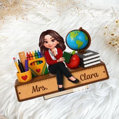 Teacher Wooden Plaque With Apple, Globe & Crayons, Personalized Creative Gift For Classroom Decor