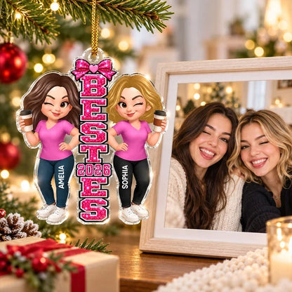 Personalized Acrylic Ornament, Pink Besties Holding Coffee on a Festive Tree, Unique Gift for Friends