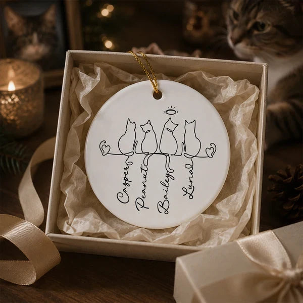 Personalized Ceramic Ornament with Halo Cat Silhouettes, Unique Pet Memorial Gift for Cat Owners