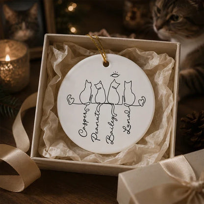 Personalized Ceramic Ornament with Halo Cat Silhouettes, Unique Pet Memorial Gift for Cat Owners