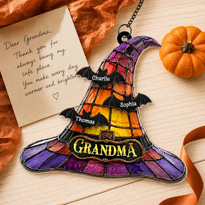 Personalized Acrylic Suncatcher Ornament, Grandma Witch Hat With Bats, Unique Halloween Gift