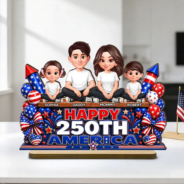 Custom 2-Layer Wooden Plaque, Sitting Family Patriotic Keepsake, Creative Gift for Family