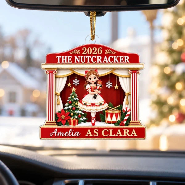 Personalized Acrylic Ornament, Red and Gold Nutcracker Ballerina on Stage, Unique Christmas Gift for Dancers