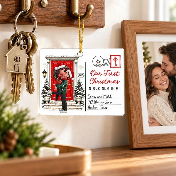 Personalized Acrylic Ornament, Kissing Couple by a Snowy Red Door, Unique Christmas Gift for New Homeowners