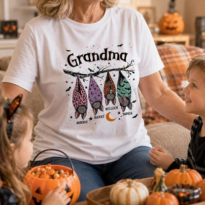 Personalized Classic Tee with Cute Bats Hanging from a Branch, Creative Halloween Gift for Grandma