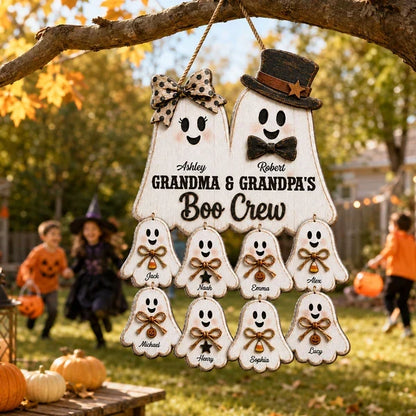 Personalized Wooden Sign with Cute Ghost Family, Rustic Halloween Door Decor, Unique Gift for Grandparents