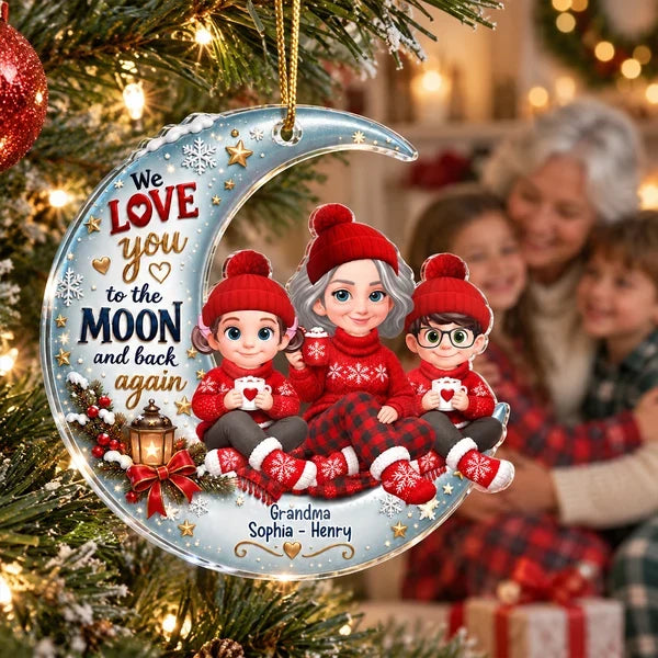 Personalized Acrylic Ornament, Grandma and Grandchild Sitting on Moon, Unique Christmas Gift for Grandma