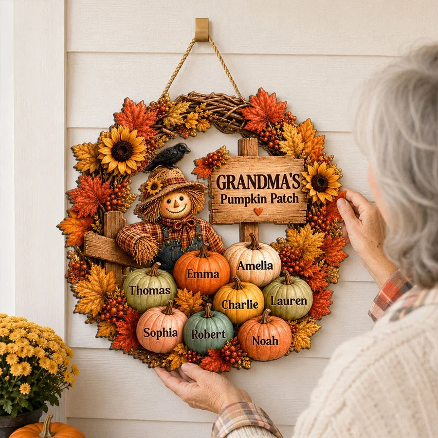 Personalized Wooden Sign with Scarecrow Pumpkin Patch, Autumn Door Decor, Unique Gift for Grandma